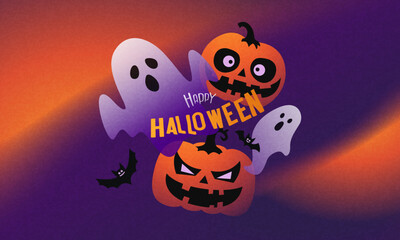 Obraz na płótnie Canvas Happy Halloween Greeting Banner with Cute Ghosts, Pumpkins and Bats on a vibrant purple and orange background. Design template for social media posts, web banners, online greetings and digital content