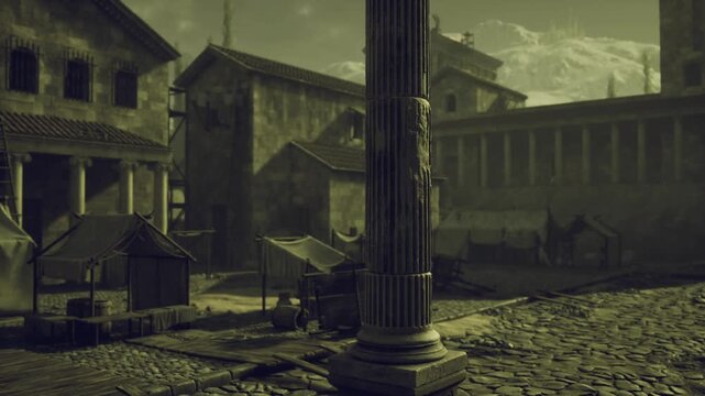 Ancient Roman staged production. Reconstructed Roman forum with props and costumes. Historical film setting featuring Roman architecture and period details