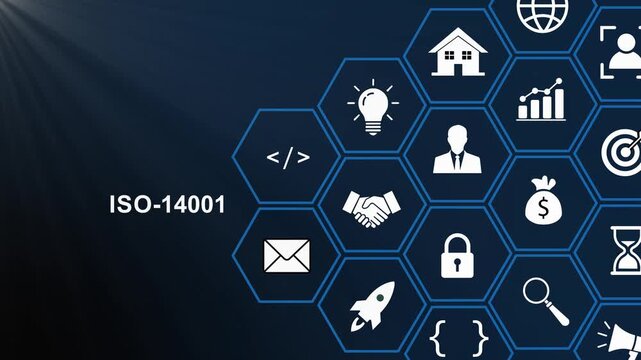 Iso 14001 environmental management system certification concept with animated hexagonal infographic representing sustainable business strategy, corporate responsibility, and green compliance