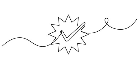 Continuous line art illustration of approved check mark symbol inside star badge shape representing quality guarantee. © Babu
