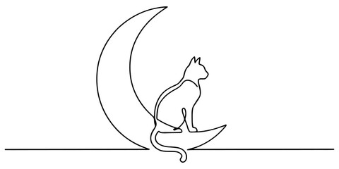 Minimalist continuous line art design of a cat silhouette sitting on a crescent moon for modern home decor branding. © Babu