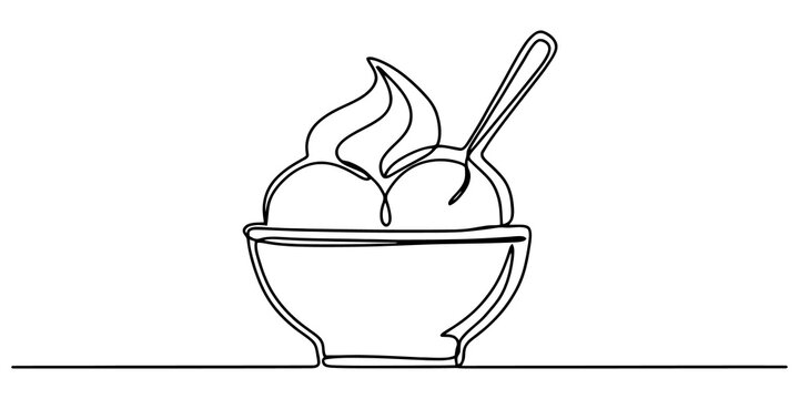 Minimalist continuous line art design of sweet ice cream scoops with swirl in bowl and spoon for dessert menu vector.