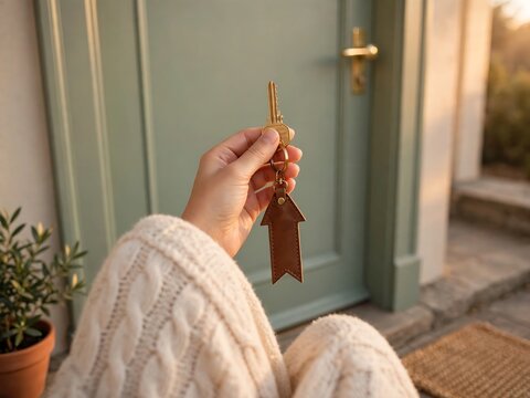 Person holding a leather keychain shaped like an arrow in front of a light green front door, symbolizing a new home purchase or moving into a new residential property