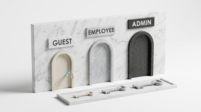 Concept of role-based access control and principle of least privilege represented by guest, employee, and admin arched doorways with keys, 3D render