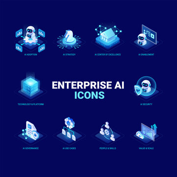Enterprise AI technology icon set for workflow diagram - AI governance, strategy, security, AI adoption, Center of Excellence CoF, platform, AI enablement, use cases - high quality isometric vector