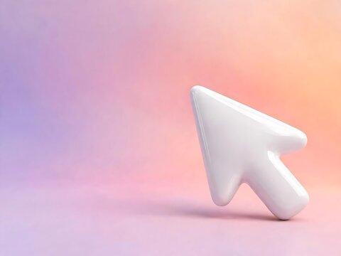 Single white 3D computer mouse cursor arrow icon floating against a soft gradient background, transitioning from purple, to orange with, a smooth texture