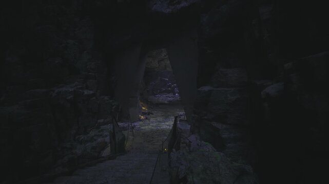 Mysterious torchlit cavern entrance reveals narrow rock corridor, scattered lanterns, damp floor, echoing silence, abandoned gear near stone steps suggesting