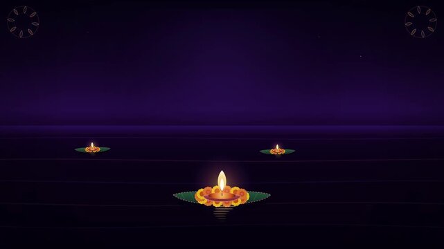 Animated floating diyas with flickering flames on dark water for Diwali festival