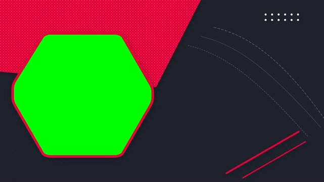 Modern geometric social media template featuring a rounded hexagon green screen photo frame, bold red halftone panel, decorative line art, dot matrix and dynamic diagonal accents on a dark navy backgr