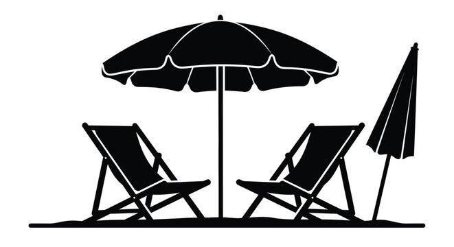 Beach chairs and umbrella form a black silhouette