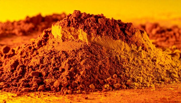 Crushed terracotta pigment powder heap displaying vibrant earth tones and fine crumbly texture for art supply and cosmetics photography on yellow background3