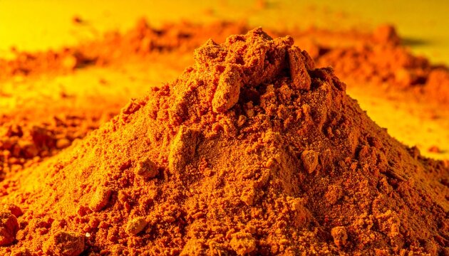 Crushed terracotta pigment powder heap displaying vibrant earth tones and fine crumbly texture for art supply and cosmetics photography on yellow background4