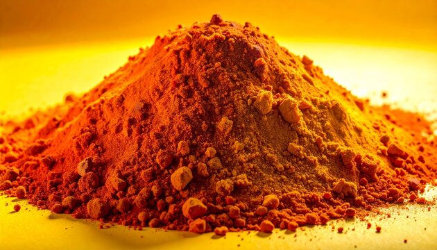 Crushed terracotta pigment powder heap displaying vibrant earth tones and fine crumbly texture for art supply and cosmetics photography on yellow background2