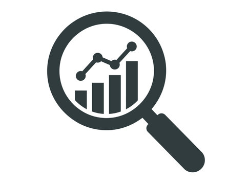 Magnifying glass with a bar chart and line graph inside representing business analysis and data research icon