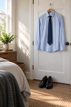 Blue dress shirt with navy tie on hanger on bedroom door black shoes, job interview preparation, nobody