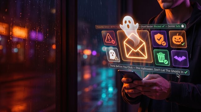 Phishing email cybersecurity awareness with person using smartphone and ghost emerging from holographic envelope against dark Halloween background with orange and cyan lighting and copy space