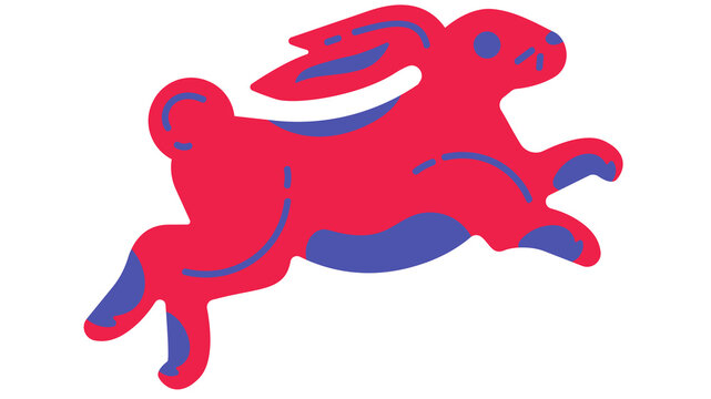 Dynamic pink rabbit running and jumping with long ears, creating a playful colorful cartoon character suitable for children, spring themes and creative designs