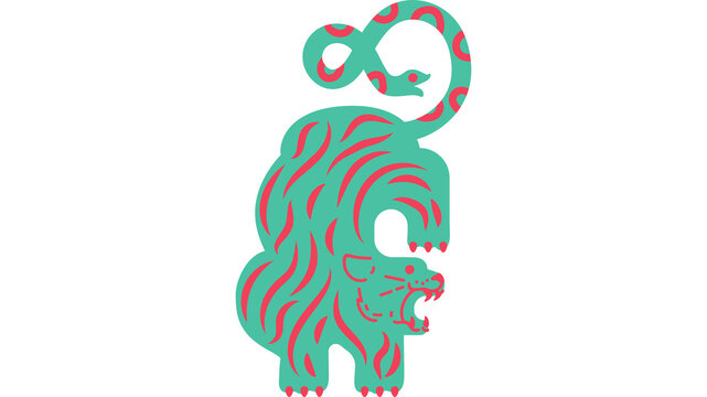 Colorful mythical lion with a serpent tail and decorative patterns, combining animal and fantasy elements in a whimsical chimera-style illustration on a transparent background.