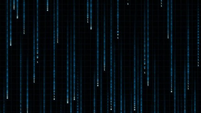 Falling Blue Binary Code Digital Rain Data Stream Matrix Effect over Grid for Cybersecurity Hacker Tech Background Artificial Intelligence Data Transfer and Sci-Fi Programming Concept Animation Loop