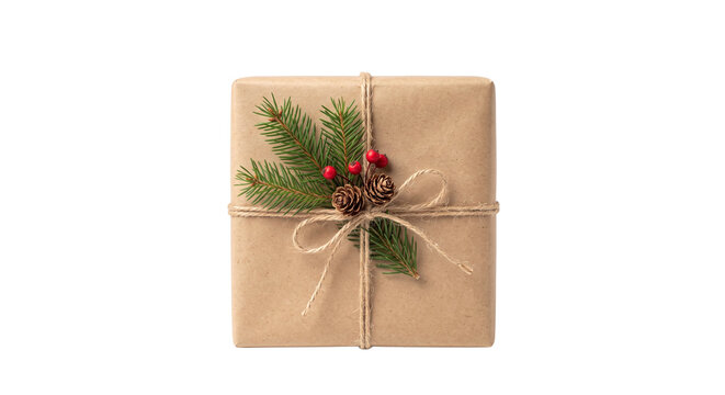 Kraft paper gift box decorated with fir branches pine cones and red berries