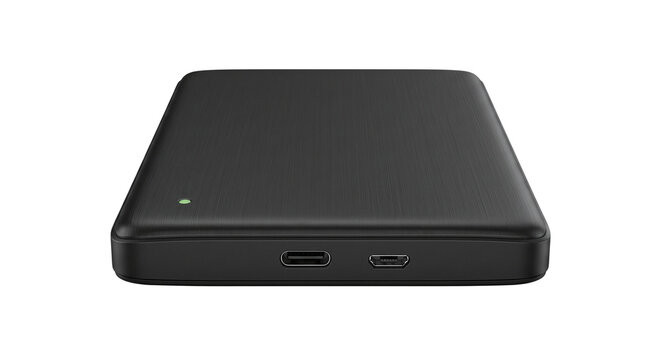 Modern external hard drive with brushed metal texture and ports[cite: 16]