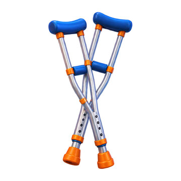 Pair of medical forearm crutches with blue and orange accents isolated on white background