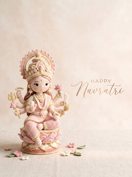 Happy Navratri Greeting Card with Cute Goddess Durga Figurine