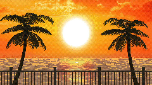 8-bit sunset over the sea with palm trees. Pixel tropical background.