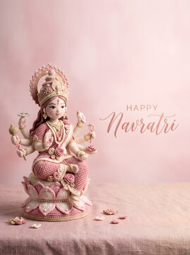 Happy Navratri Greeting Card with Goddess Durga Idol on Pink Background
