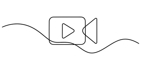 Obraz premium Video camera play button continuous line art digital media icon black outline graphic symbol for modern content creation.