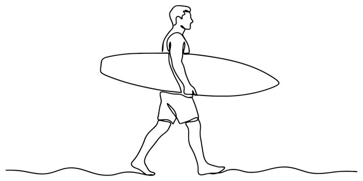 Surfer walking with surfboard continuous line art man heading to beach hobby sports lifestyle black ink minimalist sketch.