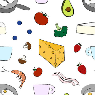 Seamless pattern with breakfast food. Cheese, fied eegs, broccoli, mushrooms. shrimp. strawberry, tomato, avocado,blueberry