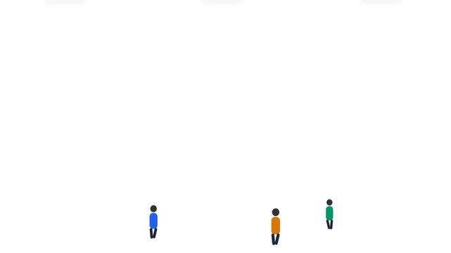 Minimalist 2D animation of colorful stick figure characters walking on a white background, symbolizing social interaction, diverse people, and simple motion graphics.