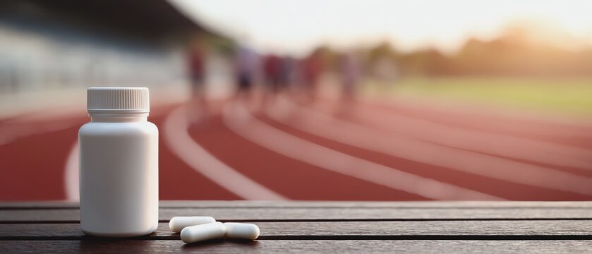 Sports supplement bottle on a track field.