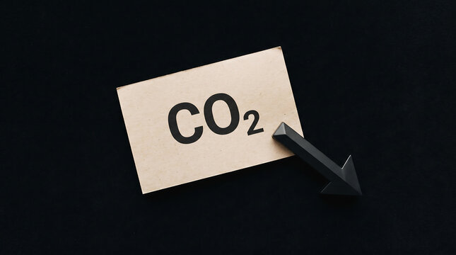 Downward pointing arrow pointing at CO2 emission sign on light background