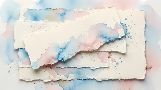 Delicate Layered Hand Torn Paper Background with Soft Pastel Blue and Peach Watercolor Splashes