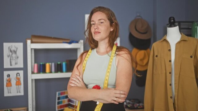 Woman dressmaker with measuring tape, arms crossed, standing by mannequin and thread spools in studio; creative confidence.