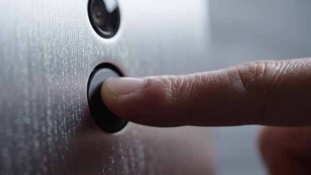 Finger pressing an elevator button on a metal panel. Close-up of elevator control in use. Building access and vertical transportation. Modern convenience and everyday technology.