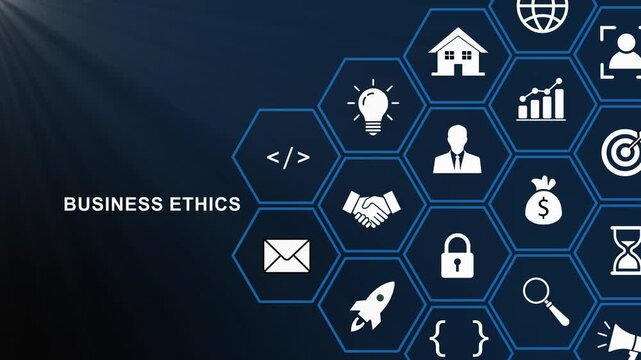 Business ethics concept motion featuring animated hexagonal network representing corporate integrity, compliance, leadership, strategy, financial growth, and digital innovation solutions