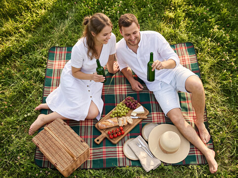 young man and woman sitting on plaid blanket in grass, raising green drink bottles and smiling near picnic basket with snacks and hat