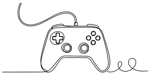 Continuous line drawing of gaming controller with cable representing modern entertainment video game technology design. © Purnima