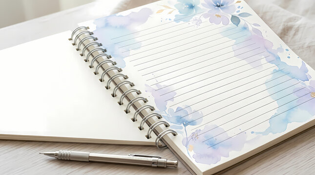 Elegant Open Spiral Notebook with Blue and Purple Watercolor Floral Illustrations and Silver Pen for Creative Writing and Journaling