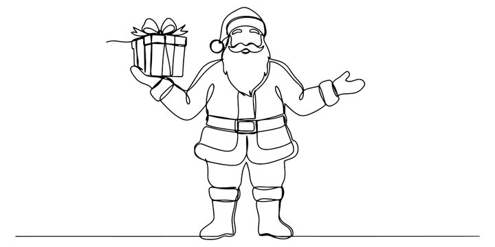 Santa claus holding christmas present continuous line drawing style isolated on transparent background seasonal character.