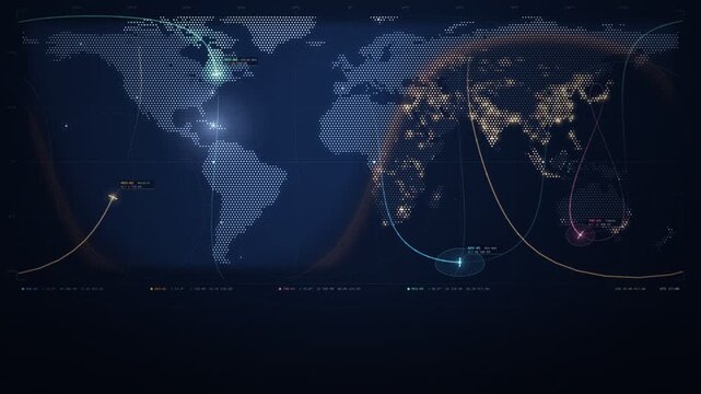 Satellite Ground Tracks Orbiting over World Map Day Night Seamless Loop