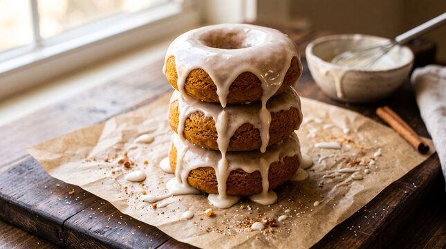 Pumpkin donuts with glaze stacked on a wooden table  