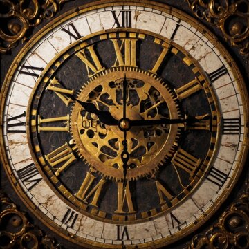 Close-up of Ornate Vintage Roman Numeral Clock Face
