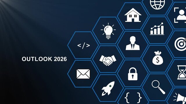 Business outlook 2026 concept featuring digital hexagonal network infographics with corporate strategy global connectivity, financial growth, and innovative technology solutions motion