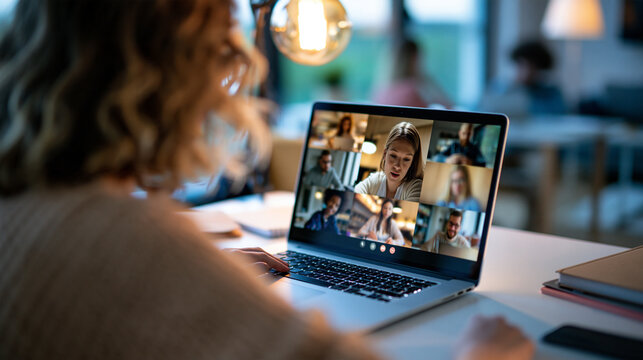 Student seen from behind attending an online class on a computer screen with multiple participants participating remotely blurred video tiles bright room student online class computer