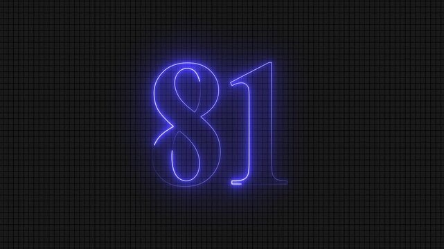Glowing neon number eighty one on dark background