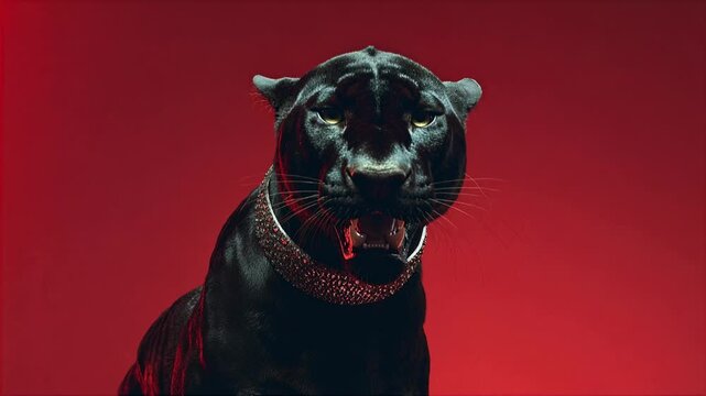 Majestic black panther with striking collar poses against a vibrant red background